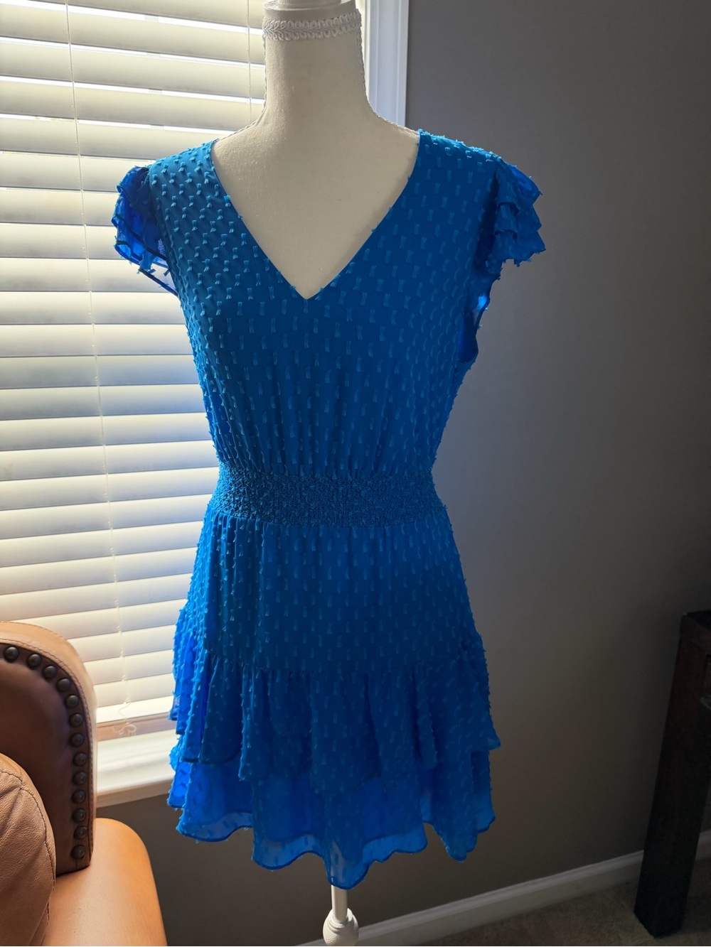 Alice + Olivia Electric Blue V-Neck Smocked Waist Ruffle Mini Dress